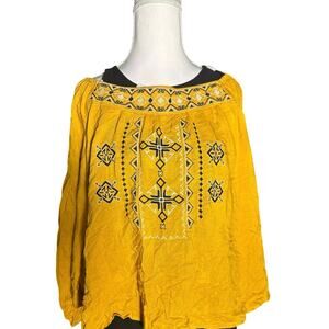Bohemian Loose Flowing Embroidered Mustard   Lightweight Elastic Shoulder Shirt